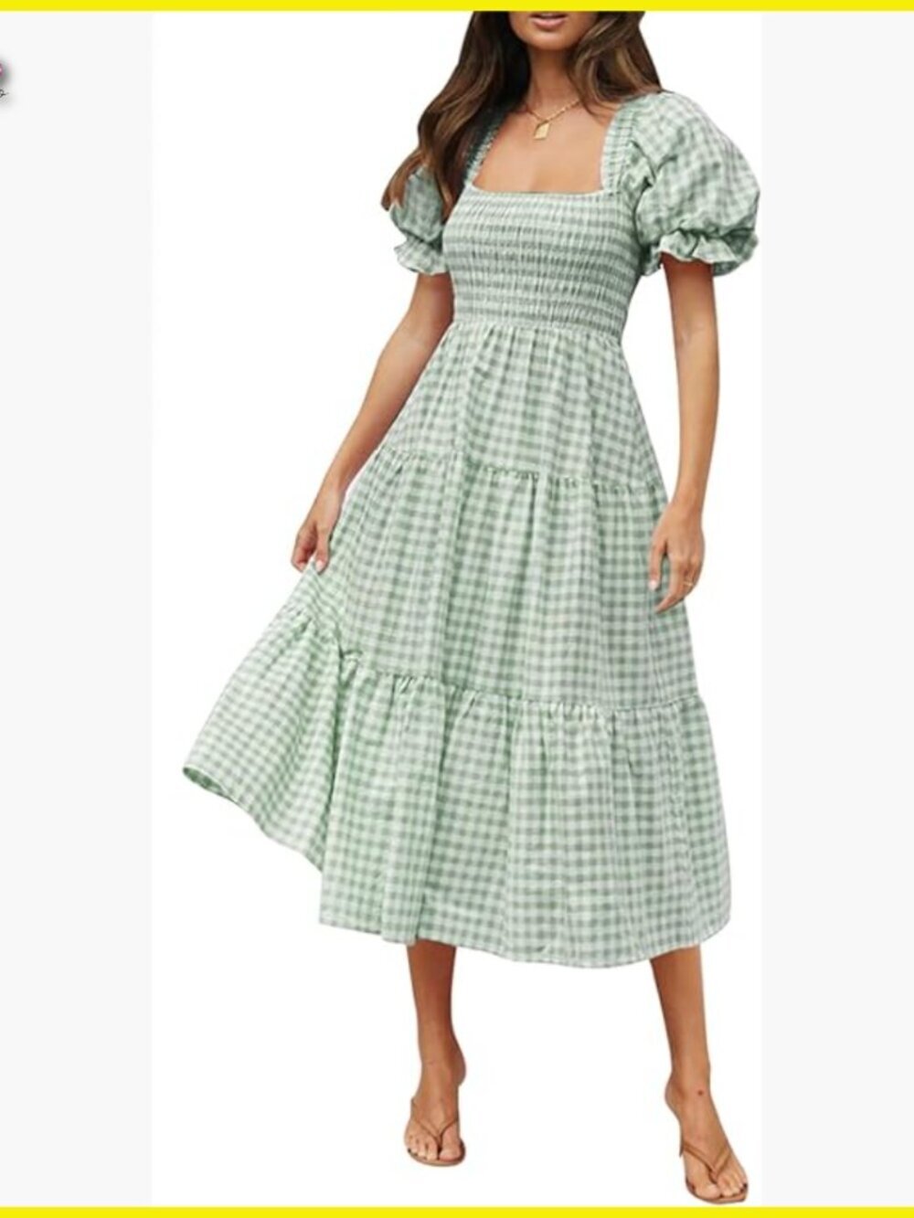Bohemian Square Neck Puff Sleeve Ruffle Midi Dress Flowy Summer Casual